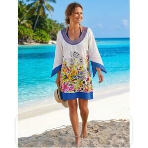 🌸 DIEZ LUNAS IBIZA L Boho Beaded Floral Tunic / Beach Coverup - 100% Cotton
